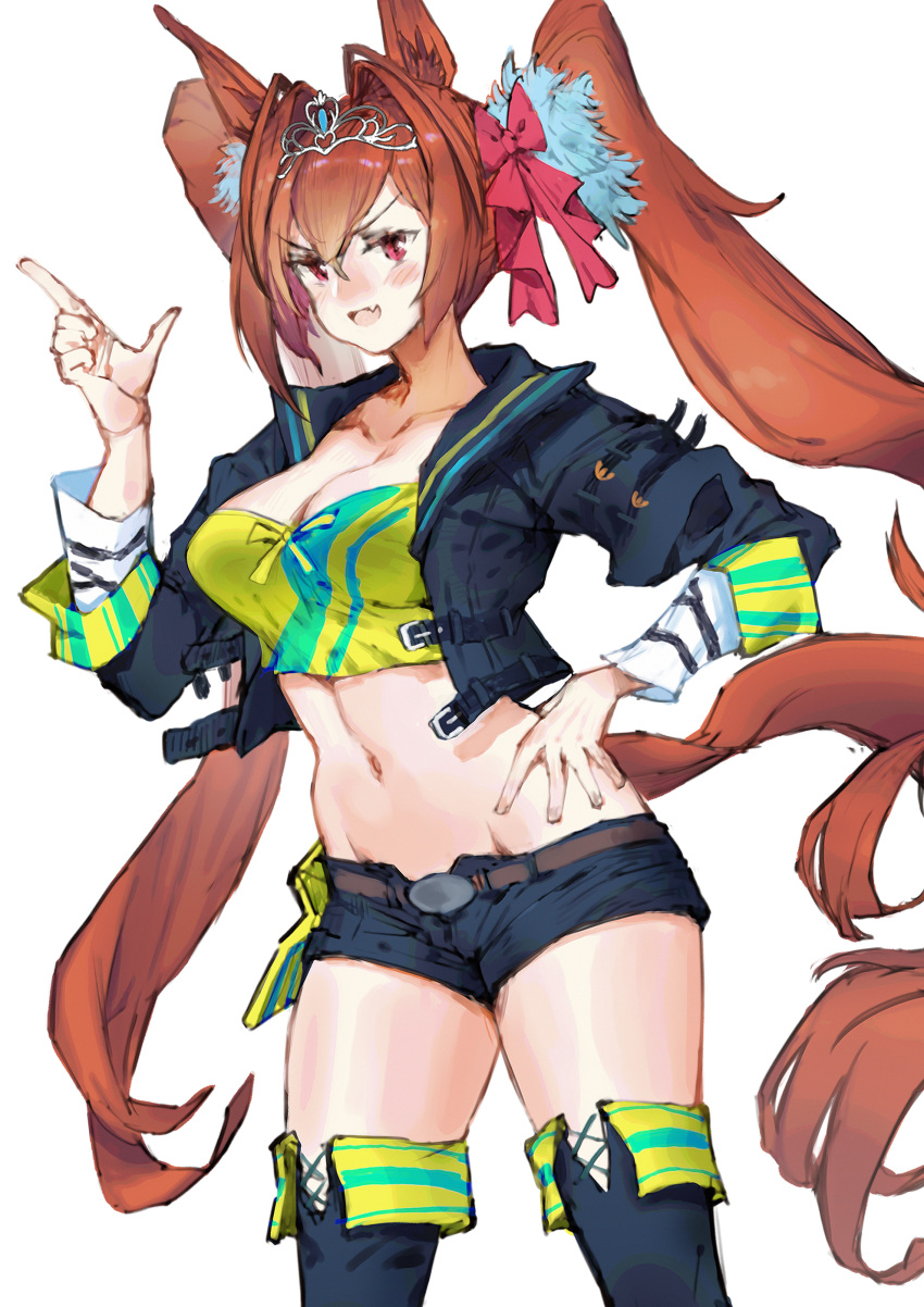 1girl absurdres animal_ears antenna_hair bandeau bare_shoulders belt black_footwear black_jacket black_pants blush boots breasts brown_hair codename47 commentary_request cosplay crop_top daiwa_scarlet_(umamusume) fang hair_between_eyes hair_intakes hand_on_own_hip highres horse_ears horse_girl horse_tail jacket large_breasts long_hair looking_at_viewer midriff navel off_shoulder open_clothes open_jacket open_mouth pants purple_eyes red_eyes simple_background skin_fang smile solo stomach strapless tail thigh_boots tiara tube_top twintails umamusume upper_body v-shaped_eyebrows very_long_hair vodka_(umamusume) vodka_(umamusume)_(cosplay) white_background