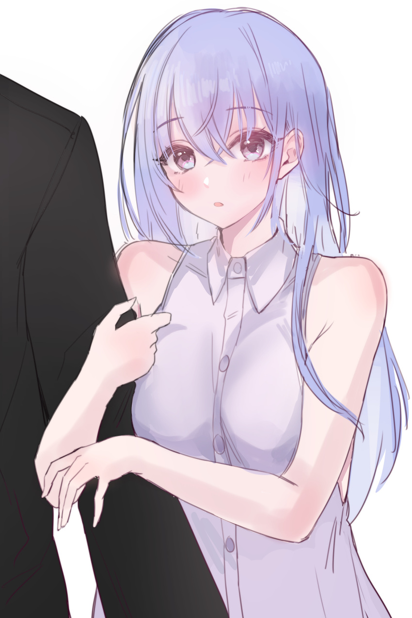 1boy 1girl :o absurdres arm_hug black_suit blue_hair blush breasts grey_shirt hair_between_eyes hetero highres idolmaster idolmaster_shiny_colors large_breasts long_hair looking_at_viewer producer_(idolmaster) shirt simple_background sleeveless sleeveless_shirt straight_hair suit suzuki_hana vegabond_(tumz4458) very_long_hair white_background