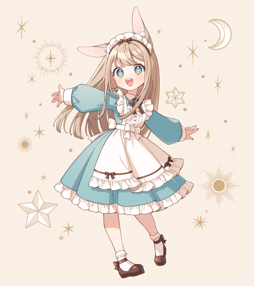 +_+ 1girl absurdres animal_ear_fluff animal_ears apron black_footwear blue_dress blue_eyes blush bobby_socks child commentary_request crescent dress frilled_dress frills full_body goshi-san grey_hair highres long_hair long_sleeves maid maid_headdress mary_janes open_mouth original outstretched_arms rabbit_ears shoes smile socks solo spread_arms star_(symbol) white_apron white_socks