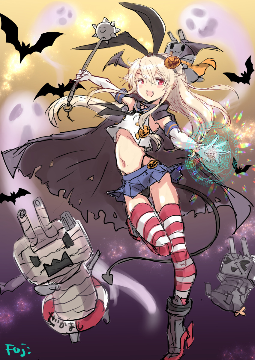 1girl bat_(animal) bat_wings black_hairband black_neckerchief black_panties blonde_hair blue_sailor_collar blue_skirt cape crop_top demon_girl demon_tail elbow_gloves fuji_(pixiv24804665) ghost gloves gradient_background grey_cape hairband head_wings highleg highleg_panties highres holding_mace kantai_collection long_hair looking_at_viewer mace microskirt miniskirt neckerchief open_mouth panties pleated_skirt red_eyes rensouhou-chan round_teeth sailor_collar shimakaze_(kancolle) shirt skirt sleeveless sleeveless_shirt spiked_mace spikes striped striped_thighhighs tail teeth thighhighs underwear upper_teeth_only weapon white_gloves wings