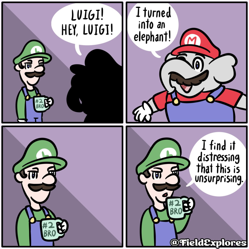 anthro beverage brother_(lore) brothers_(lore) clothing coffee comic duo elephant elephant_mario elephantid english_text facial_hair fieldexplores hat headgear headwear hi_res human humor luigi male mammal mario mario_bros mug mustache nintendo overalls proboscidean proboscis_(anatomy) sibling_(lore) super_mario_wonder text trunk_(anatomy)