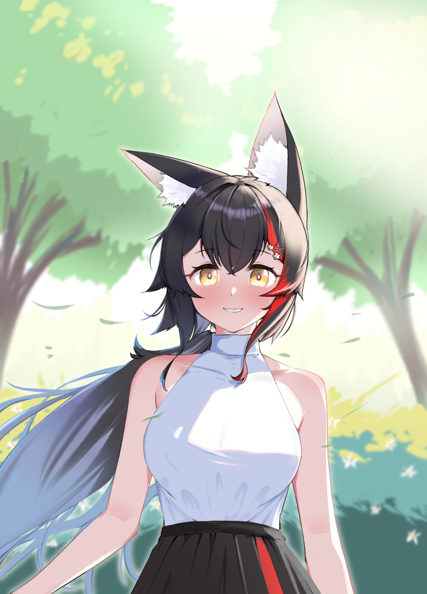 1girl animal_ear_fluff animal_ears bare_arms bare_shoulders black_hair black_skirt brown_eyes cowboy_shot double-parted_bangs grin hair_ornament hairclip halter_shirt halterneck highres hololive kani_bonara long_hair looking_at_viewer low_ponytail multicolored_hair official_alternate_costume ookami_mio ookami_mio_(5th_costume) outdoors red_hair shirt sidelocks skirt sleeveless sleeveless_shirt smile solo streaked_hair taut_clothes taut_shirt very_long_hair virtual_youtuber white_shirt wide_ponytail wolf_ears yellow_eyes