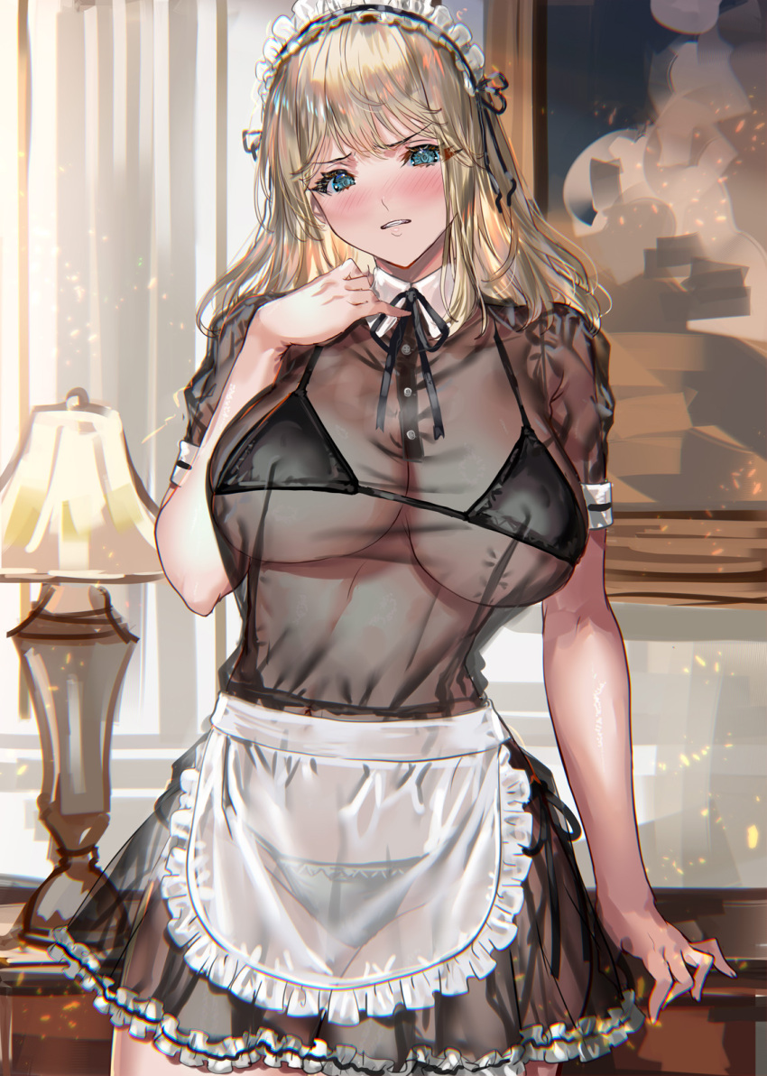 1girl apron black_bra black_dress black_panties blonde_hair blue_eyes blush bra breasts commentary_request cowboy_shot dress hand_up highres lamp long_hair looking_at_viewer maid maid_headdress original panties parted_lips ran'ou_(tamago_no_kimi) see-through short_sleeves underwear white_apron white_headwear