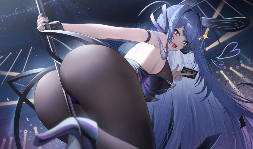 +_+ 1girl absurdres animal_ears ass azur_lane black_eyes black_leotard blue_hair blue_leotard bodystocking breasts card fake_animal_ears heart highres holding holding_card jeze large_breasts leotard long_hair looking_at_viewer new_jersey_(azur_lane) new_jersey_(exhilarating_steps!)_(azur_lane) nightclub official_alternate_costume pantyhose playboy_bunny pole_dancing rabbit_ears solo stage_lights stripper stripper_pole thighs uwu very_long_hair wrist_cuffs