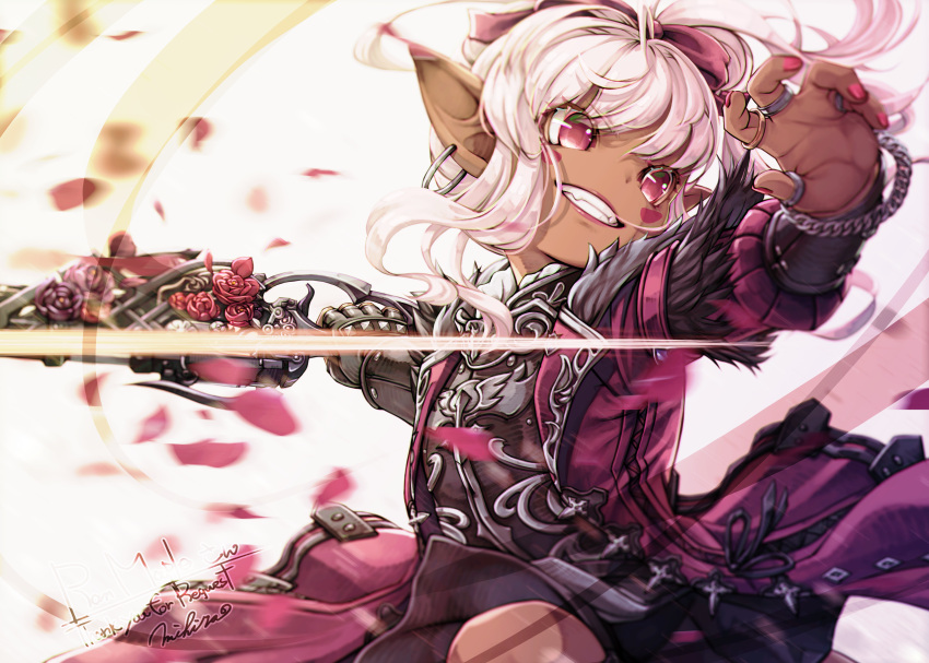 1girl blush_stickers dark-skinned_female dark_skin earrings fangs final_fantasy final_fantasy_xiv fingerless_gloves gloves gunblade gunbreaker_(final_fantasy) highres holding holding_weapon jewelry lalafell long_hair mihira_(tainosugatayaki) multiple_rings petals pointy_ears red_eyes ring single_fingerless_glove smile solo teeth weapon white_hair