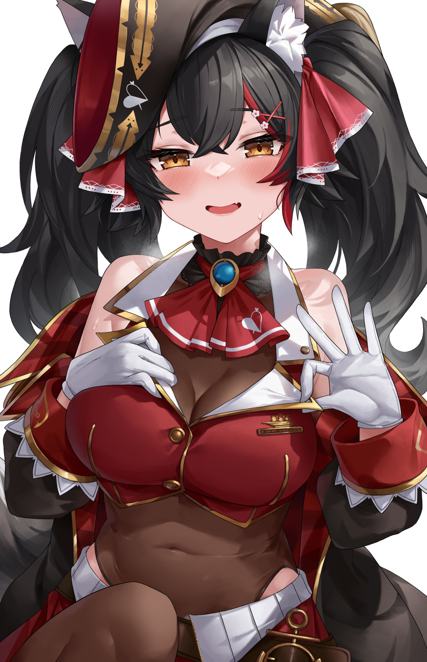 1girl absurdres animal_ear_fluff animal_ears ascot bare_shoulders belt bicorne black_choker black_hair blush breasts breath brooch buttons choker cleavage commentary_request cosplay covered_navel cropped_jacket crossed_bangs fang frilled_choker frills gloves hair_between_eyes hair_ornament hat highres hololive houshou_marine houshou_marine_(1st_costume) houshou_marine_(cosplay) jacket jewelry kaguya_(srx61800) lapel_pin large_breasts leotard leotard_under_clothes looking_at_viewer ookami_mio open_mouth pirate pirate_costume pirate_hat red_ascot red_jacket simple_background solo sweat twintails two-sided_coat virtual_youtuber white_background white_gloves wolf_ears wolf_girl x_hair_ornament yellow_eyes