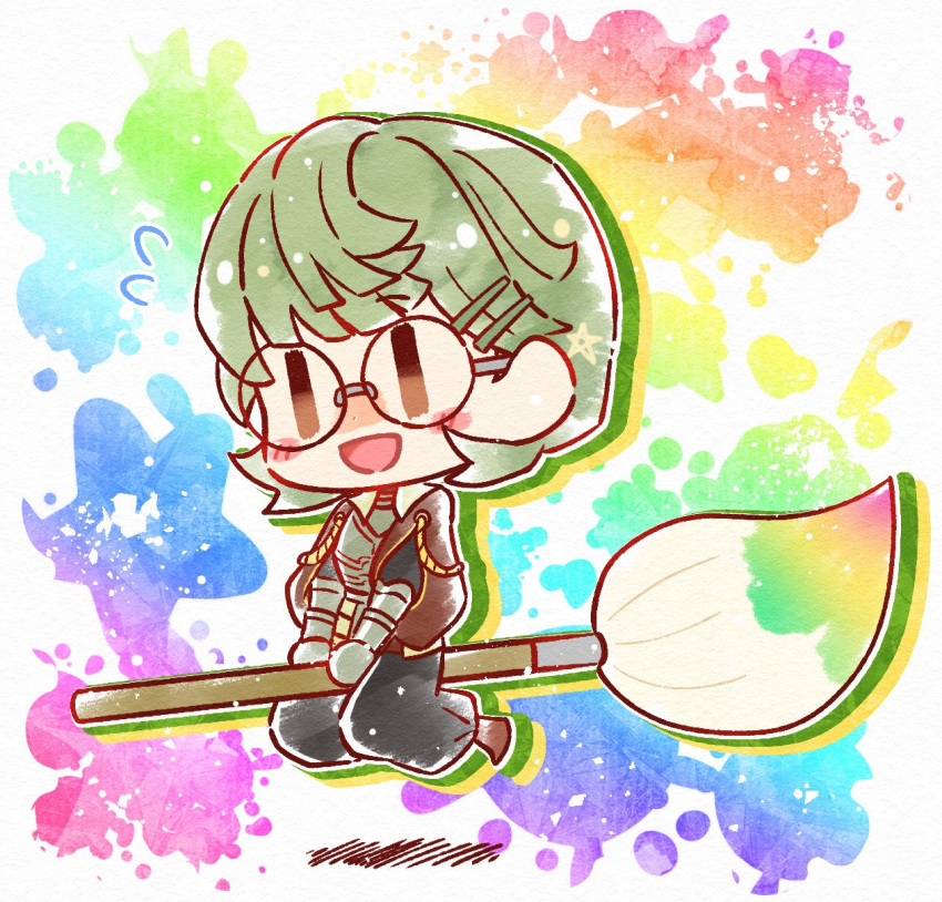 black_pants blush broom broom_riding chibi fire_emblem fire_emblem:_three_houses glasses green_hair hair_ornament hairclip highres ignatz_victor open_mouth paint_splatter paintbrush pants solo yurioarp