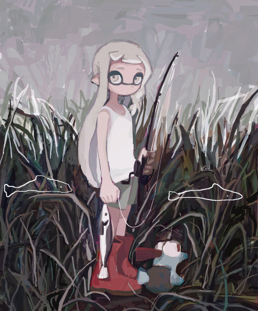 1girl boots braid closed_mouth dr_mice fish fishing_rod full_body grass grey_hair highres holding holding_fishing_rod inkling inkling_girl little_buddy_(splatoon) long_hair looking_at_viewer pointy_ears red_footwear rubber_boots salmonid shorts side_braid smallfry_(splatoon) splatoon_(series) splatoon_3 standing tall_grass tank_top tentacle_hair white_tank_top