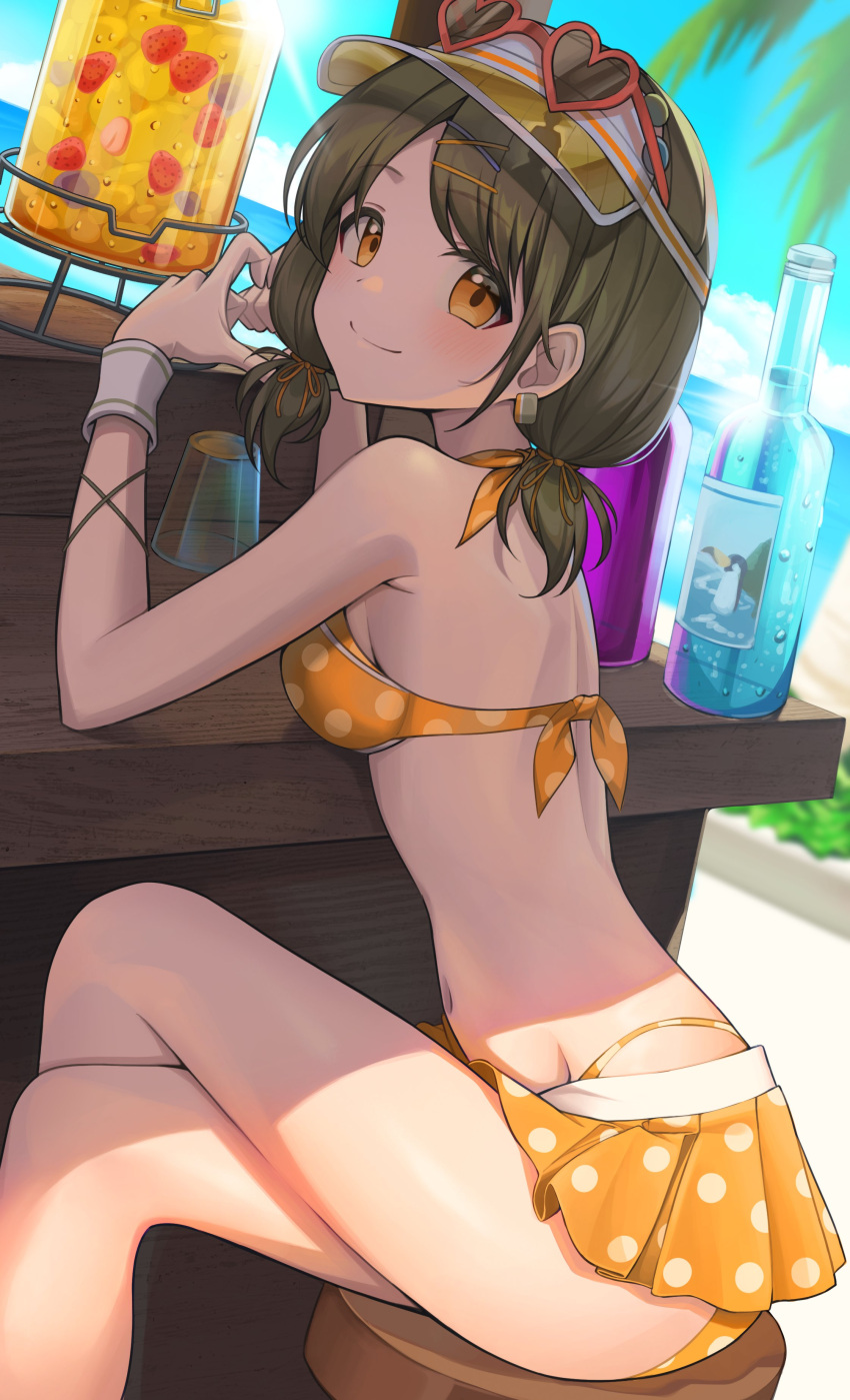 1girl absurdres bikini bikini_skirt breasts brown_eyes eyewear_on_head green_hair heart heart-shaped_eyewear highres idolmaster idolmaster_shiny_colors looking_at_viewer low_twintails miniskirt nanakusa_nichika outdoors polka_dot polka_dot_bikini polka_dot_swimsuit short_hair sitting skirt smile solo sora_(men0105) swimsuit twintails visor_cap