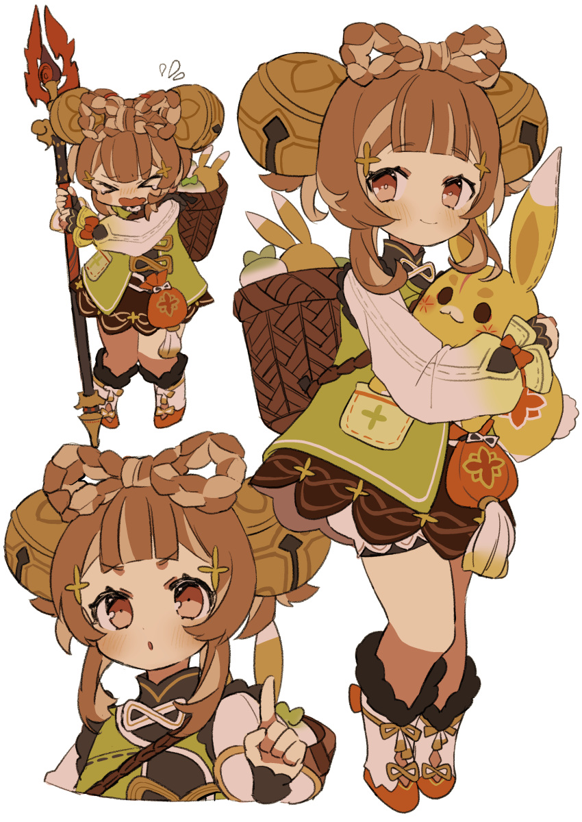 &gt;_&lt; 1girl :o absurdres basket bell bloomers blush boots bow-shaped_hair brown_eyes brown_hai brown_hair double_bun flying_sweatdrops genshin_impact hair_bell hair_bun hair_ornament highres holding holding_polearm holding_weapon index_finger_raised iwashi_(iwashi008) jingle_bell long_sleeves looking_at_viewer multiple_views open_mouth polearm shoes simple_background smile spear staff_of_homa_(genshin_impact) tassel underwear weapon white_background white_bloomers yaoyao_(genshin_impact) yuegui_(genshin_impact)