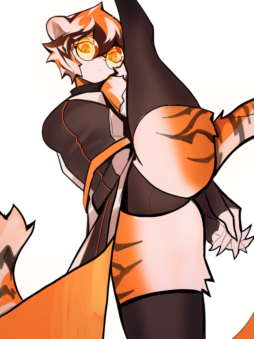 1girl absurdres animal_ears animal_nose arknights arms_behind_back black_leotard black_thighhighs body_fur breasts closed_mouth distr furry furry_female highres large_breasts leotard leotard_under_clothes looking_at_viewer multicolored_fur orange-tinted_eyewear orange_fur own_hands_together round_eyewear short_hair simple_background solo split standing standing_on_one_leg standing_split striped_fur tail thighhighs tiger_ears tiger_girl tiger_stripes tiger_tail tinted_eyewear waai_fu_(arknights) white_background white_fur