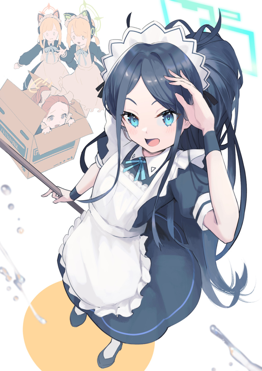 4girls :d animal_ear_headphones animal_ears apron aris_(blue_archive) aris_(maid)_(blue_archive) arm_up black_dress black_footwear black_hair blonde_hair blue_archive blue_dress blue_eyes blue_ribbon blush bow box cardboard_box closed_mouth dress fake_animal_ears forehead frilled_apron frills from_above full_body halo hand_up headphones highres holding in_box in_container long_hair looking_at_viewer maid maid_apron maid_headdress midori_(blue_archive) midori_(maid)_(blue_archive) momoi_(blue_archive) momoi_(maid)_(blue_archive) multiple_girls neck_ribbon official_alternate_costume open_mouth orange_hair pantyhose parted_bangs ponytail puffy_short_sleeves puffy_sleeves rafrog red_hair ribbon shoes short_sleeves siblings sidelocks simple_background sisters smile solo_focus standing twins very_long_hair white_apron white_background wrist_cuffs wristband yuzu_(blue_archive) yuzu_(maid)_(blue_archive)