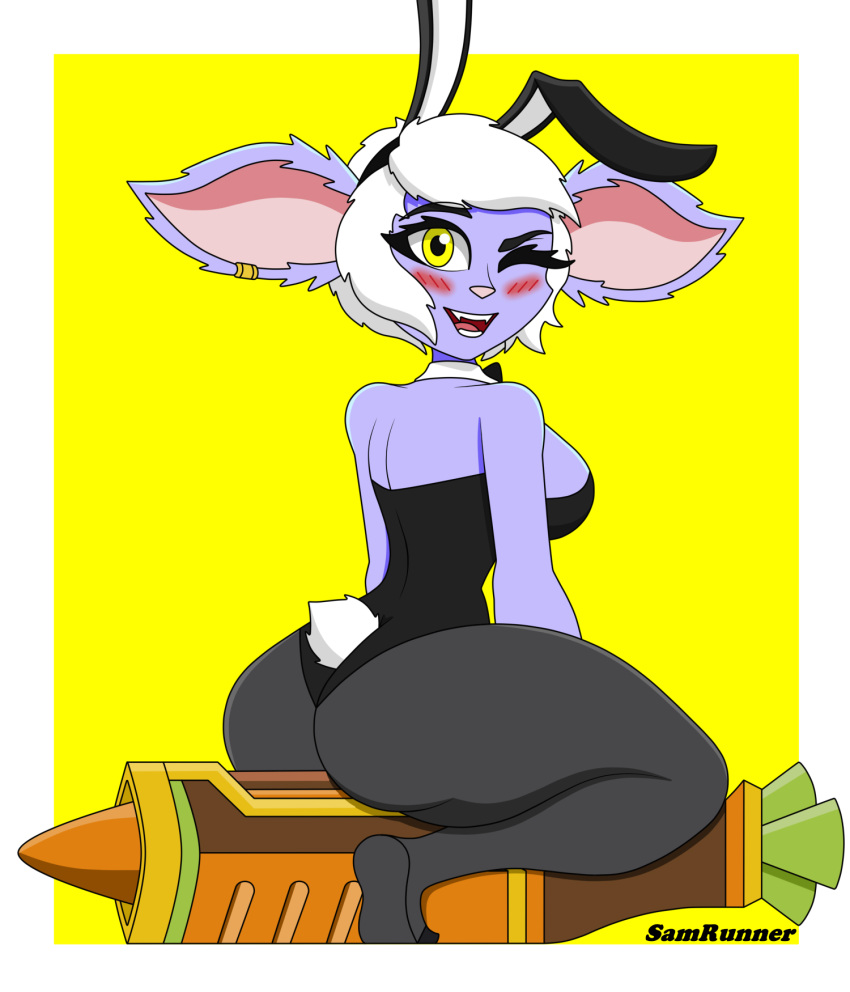 big_breasts big_butt breasts bunny_costume butt clothing costume female hi_res humanoid league_of_legends legwear looking_at_viewer looking_back purple_body riot_games samrunner simple_background solo thick_thighs thigh_highs tristana_(lol) yellow_background yordle