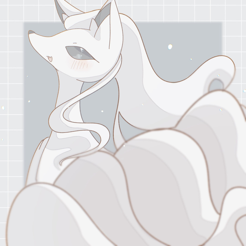 :3 alolan_ninetales animal_focus blank_eyes blue_background blue_border blue_eyes blurry blush border chromatic_aberration commentary_request depth_of_field fang from_behind happy highres long_hair looking_at_viewer looking_back monochrome muted_color no_humans open_mouth outside_border partial_commentary pokemon pokemon_(creature) profile simple_background skin_fang smile solo tamako_(pixiv_71110817) upper_body white_hair