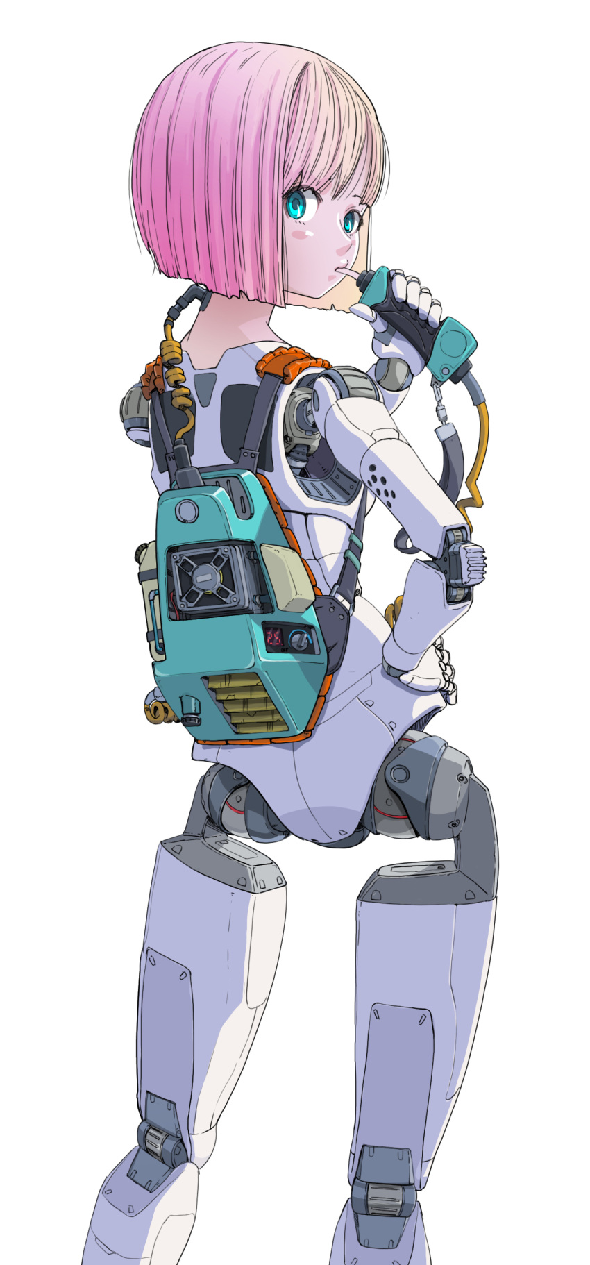 1girl absurdres android aqua_eyes backpack bag bob_cut cable contrapposto drinking drinking_straw hand_on_own_hip highres joints looking_at_viewer looking_back original pink_hair robot_joints short_hair solo standing sukabu white_background