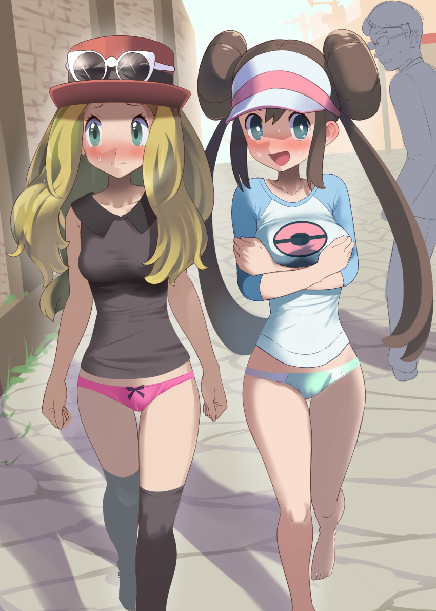 1boy 2girls absurdres blonde_hair blush breasts brown_hair cameltoe closed_mouth collarbone collared_shirt commentary_request commission day double_bun eyelashes eyewear_on_headwear green_eyes green_panties hair_between_eyes hair_bun hat highres long_hair multiple_girls nervous_smile open_mouth outdoors panties pink_panties pixiv_commission pokemon pokemon_(game) pokemon_bw2 pokemon_xy raglan_sleeves red_headwear rosa_(pokemon) serena_(pokemon) shirt sidelocks sleeveless sleeveless_shirt smile standing sunglasses sweat sweatdrop thighhighs twintails uhyoko underwear visor_cap white-framed_eyewear white_headwear