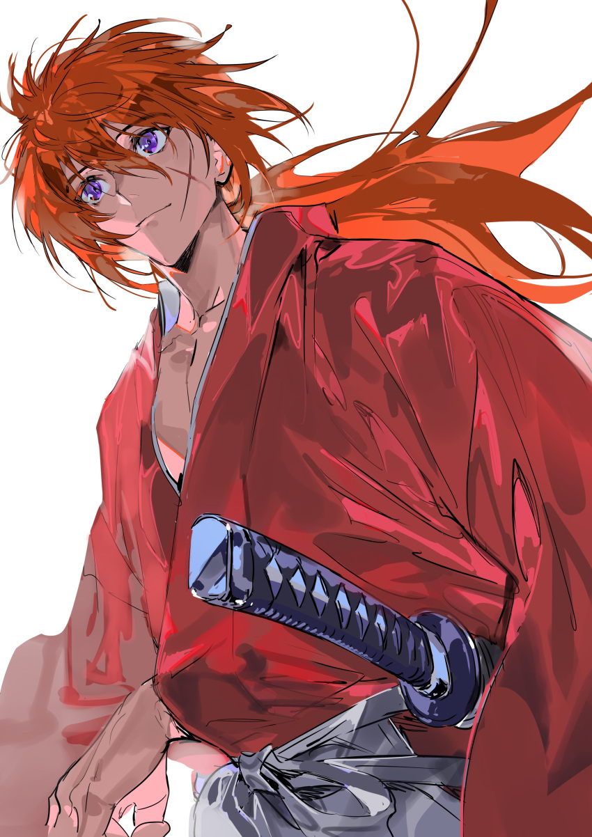 1boy absurdres bikkusama closed_mouth collarbone commentary cross_scar floating_hair hair_between_eyes hakama highres himura_kenshin japanese_clothes katana kimono light_smile long_hair long_sleeves looking_to_the_side low_ponytail male_focus messy_hair purple_eyes red_hair red_kimono rurouni_kenshin samurai scar scar_on_cheek scar_on_face solo sword symbol-only_commentary upper_body weapon white_background white_hakama wide_sleeves