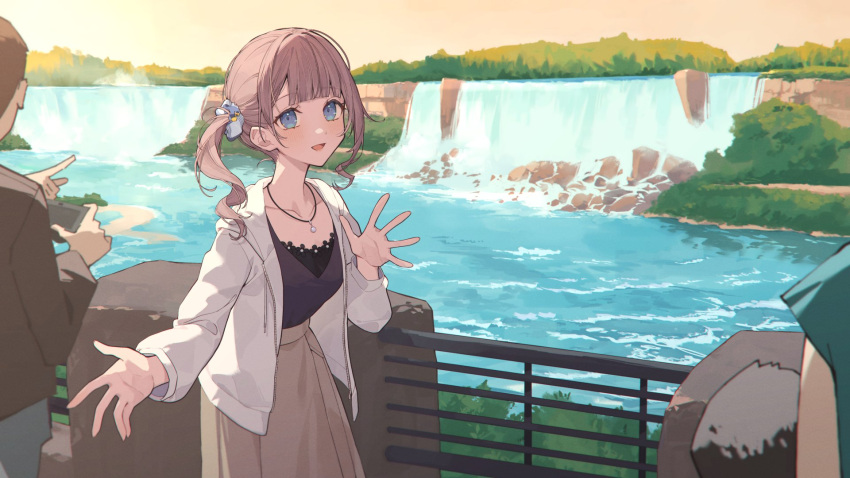 1girl blue_eyes blue_scrunchie blunt_bangs breasts brown_hair brown_shirt brown_skirt collarbone curly_hair drawstring english_commentary highres hill hood hoodie jewelry lace-trimmed_shirt lace_trim leaning_forward long_skirt looking_at_viewer medium_breasts mochizuki_honami necklace niagara_falls outdoors project_sekai scrunchie second-party_source shirt side_ponytail sidelocks skirt smile solo tsukino_(nakajimaseiki) water waterfall waves white_hoodie