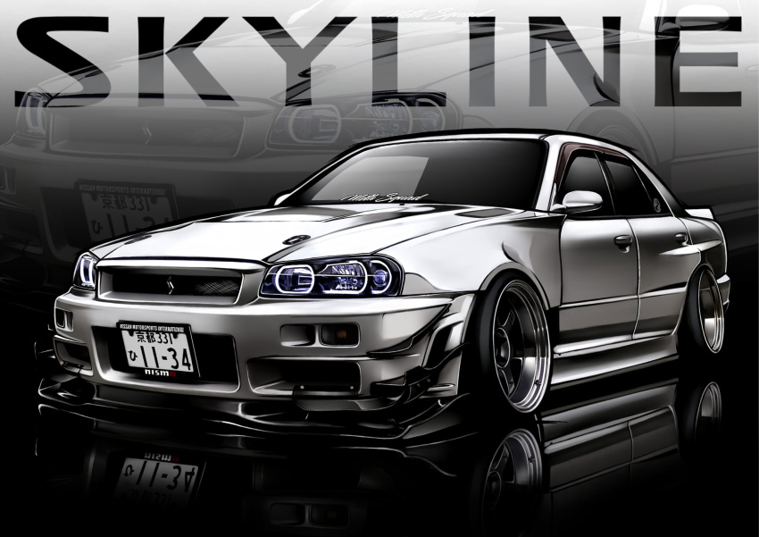 chris_ilst highres license_plate nissan nissan_skyline nissan_skyline_r34 no_humans original reflection spot_color stance_(vehicle) vehicle_focus vehicle_name white_car zoom_layer