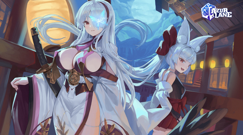 2girls absurdres akipopopopoon animal_ears asanagi_(azur_lane) azur_lane blunt_bangs bow breast_curtains breasts butterfly_over_eye fang floral_print_kimono fox_ears fox_girl from_behind hair_bow hair_over_one_eye highres japanese_clothes katana lantern large_bow large_breasts long_hair looking_back multicolored_hair multiple_girls pleated_skirt red_eyes side_slit skin_fang skirt streaked_hair sword twintails unzen_(azur_lane) weapon white_hair