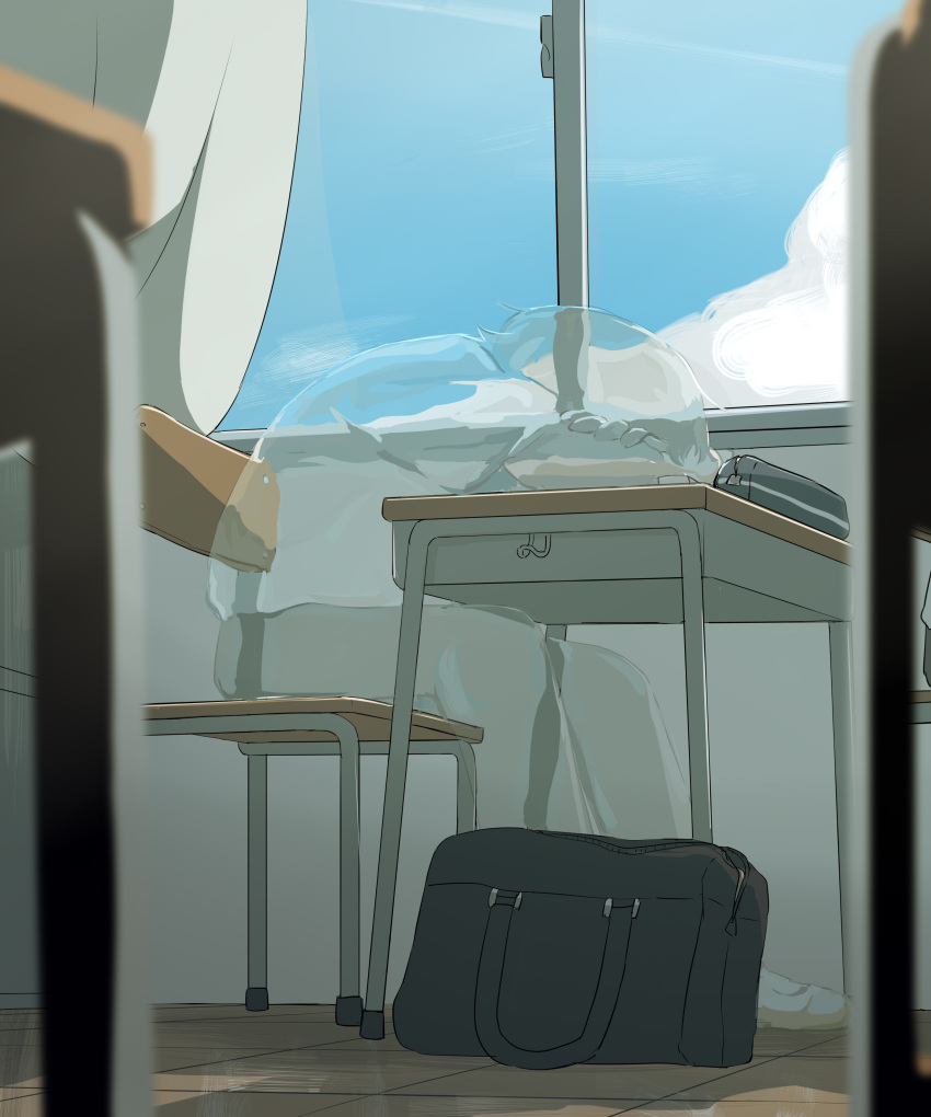 1boy absurdres avogado6 bag black_bag blue_sky blurry chair classroom cloud cloudy_sky curtains day desk floor highres indoors male_focus original pants pencil_case shadow shirt shoes short_hair short_sleeves sitting sky sleeping solo transparent window