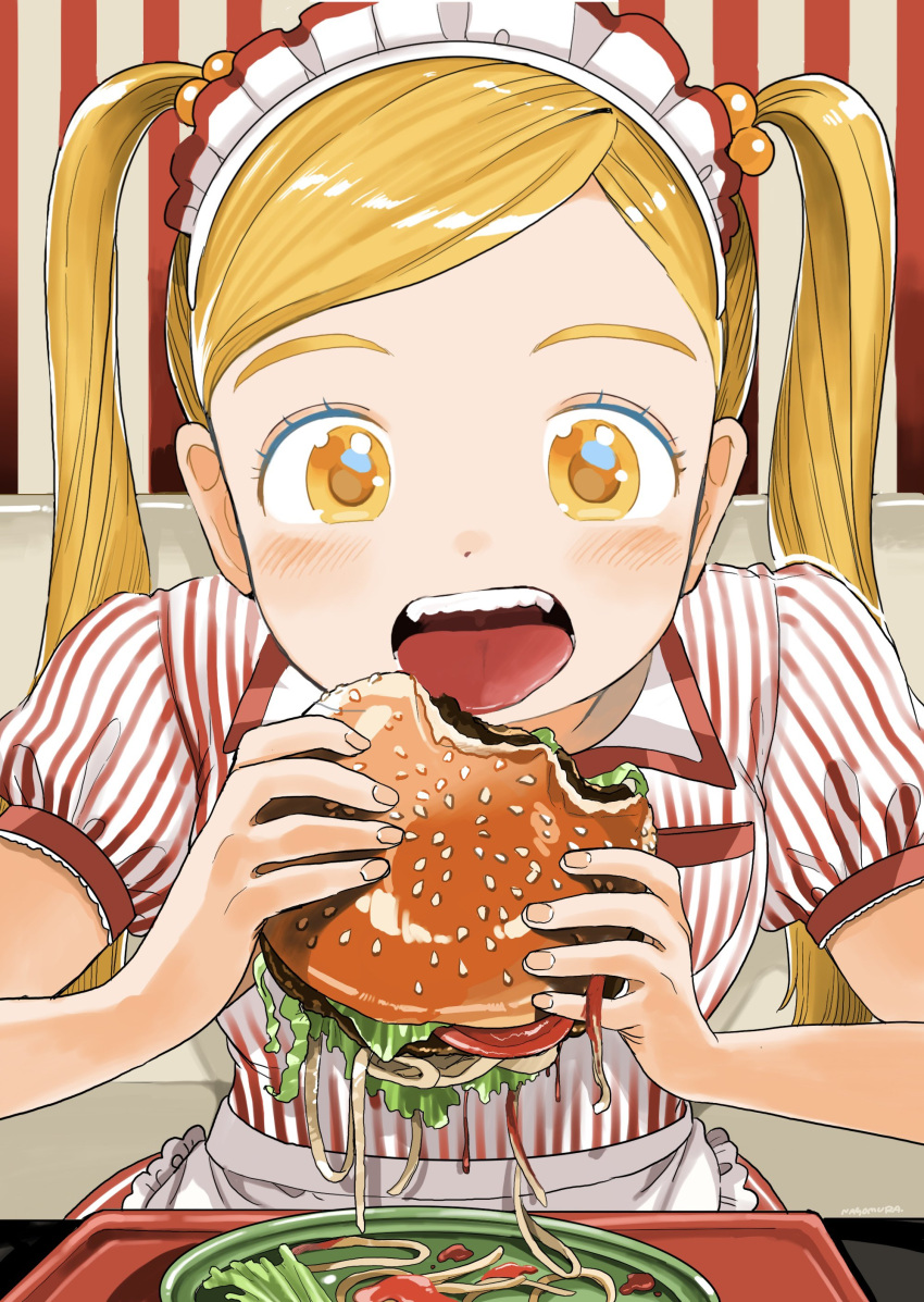 1girl absurdres apron blonde_hair blush breast_pocket breasts burger close-up collared_dress collared_shirt commentary dot_nose dress eating food food_bite frilled_apron frills hair_bobbles hair_ornament highres holding holding_food indoors ketchup leaning_forward lettuce looking_at_viewer maid_headdress nagomurasan on_bench onion open_mouth original parted_bangs plate pocket puffy_short_sleeves puffy_sleeves shirt short_sleeves sitting small_breasts solo striped striped_background striped_dress symbol-only_commentary table teeth tomato tomato_slice tongue tongue_out tray twintails vertical-striped_dress vertical_stripes waist_apron yellow_eyes
