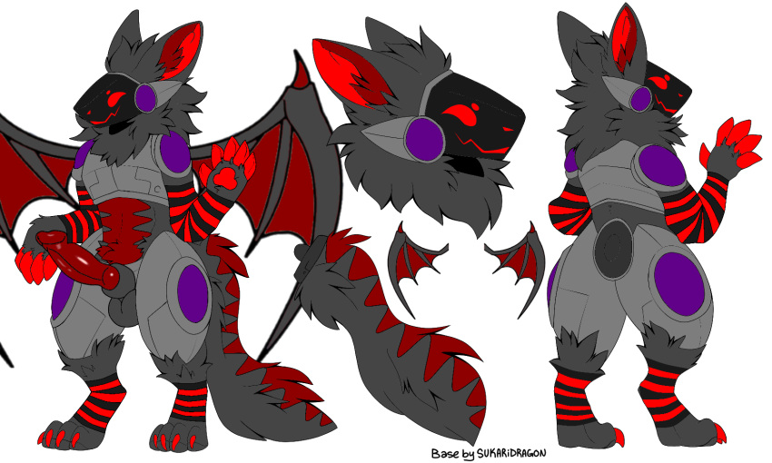 anthro arm_warmers armor armwear balls big_penis black_body black_fur black_wings claws clothing fur genitals hi_res leg_warmers legwear machine male metalic metallic_body model_sheet pawpads penis protogen protogen_visor red_body red_claws red_fur red_pawpads red_penis red_stripes red_wings robotic solo spread_wings stripes sukaridragon visor warmers wings