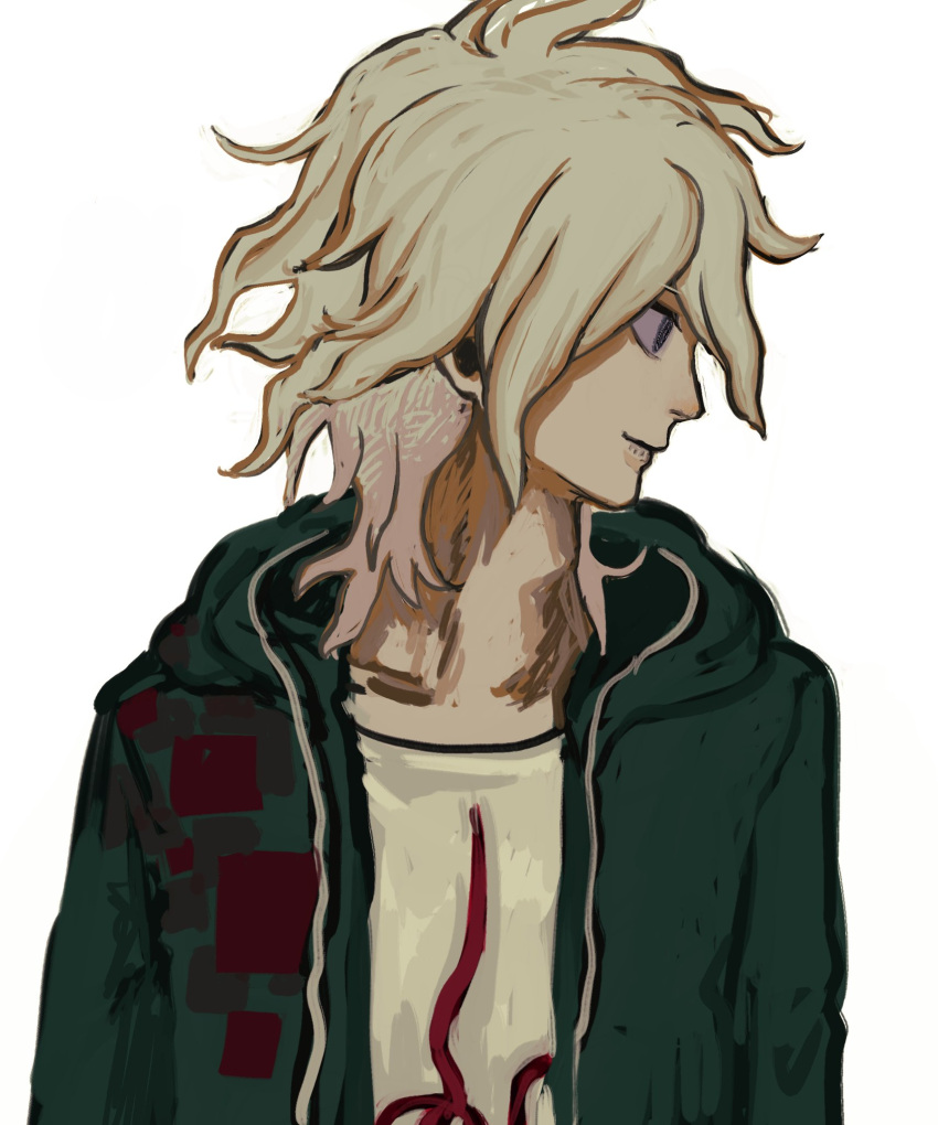 1boy closed_mouth danganronpa_(series) danganronpa_2:_goodbye_despair green_jacket grey_eyes highres hood hood_down hooded_jacket jacket kibo_onken-ha komaeda_nagito male_focus medium_hair messy_hair open_clothes open_jacket print_shirt profile shirt simple_background smile upper_body white_background white_shirt