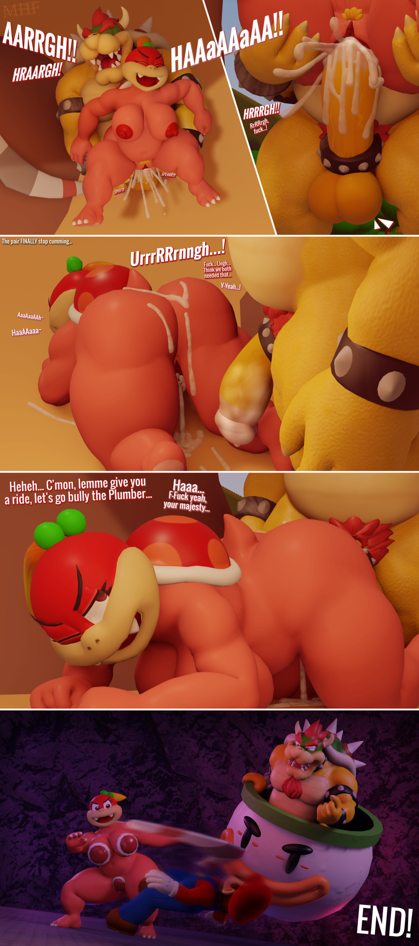 3d_(artwork) absurd_res anthro armor balls big_butt big_penis bodily_fluids bowser breasts butt comic cum cum_in_pussy cum_inside cum_on_butt cumshot dialogue digital_media_(artwork) duo ejaculation female genital_fluids genitals hi_res koopa male male/female mario mario_bros moorsheadfalling nintendo nipples penetration penis pom_pom_(mario) scalie text vaginal vaginal_penetration