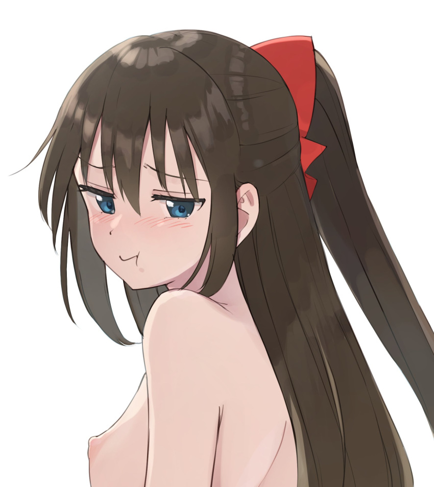 1girl blue_eyes blush bow breasts brown_hair closed_mouth from_side hair_between_eyes hair_bow highres long_hair looking_at_viewer looking_back love_live! love_live!_nijigasaki_high_school_idol_club median_furrow medium_breasts nipples ousaka_shizuku pout red_bow sidelocks simple_background solo tata_(tataice) upper_body white_background