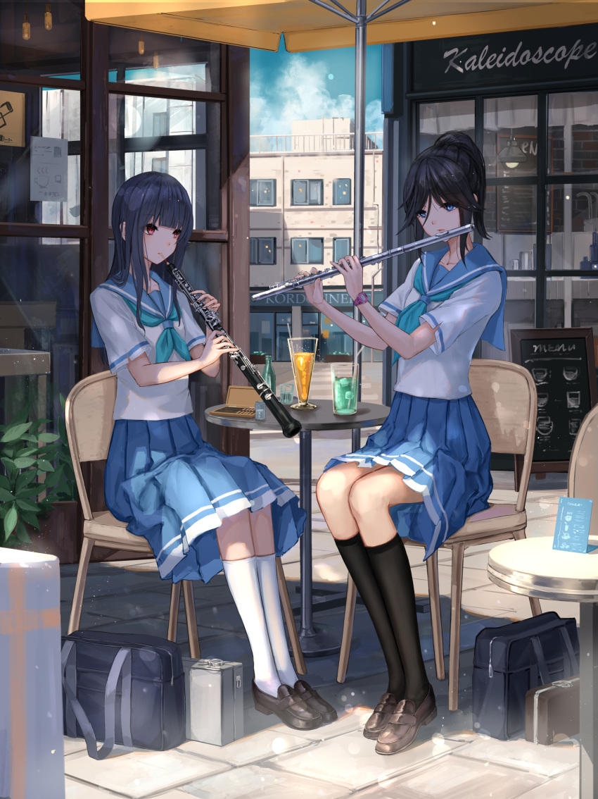 2girls bag black_hair black_socks blue_eyes blue_hair blue_neckerchief blue_sailor_collar blue_skirt brown_footwear flute hibike!_euphonium highres instrument kasaki_nozomi kitauji_high_school_uniform kneehighs liz_to_aoi_tori loafers multiple_girls music neckerchief oboe outdoors pantyhose playing_instrument pleated_skirt ponytail red_eyes sailor_collar school_bag school_uniform shirt shoes short_sleeves sitting skirt socks watch white_shirt white_socks yoroizuka_mizore yuzuriha_(atelier_liang)