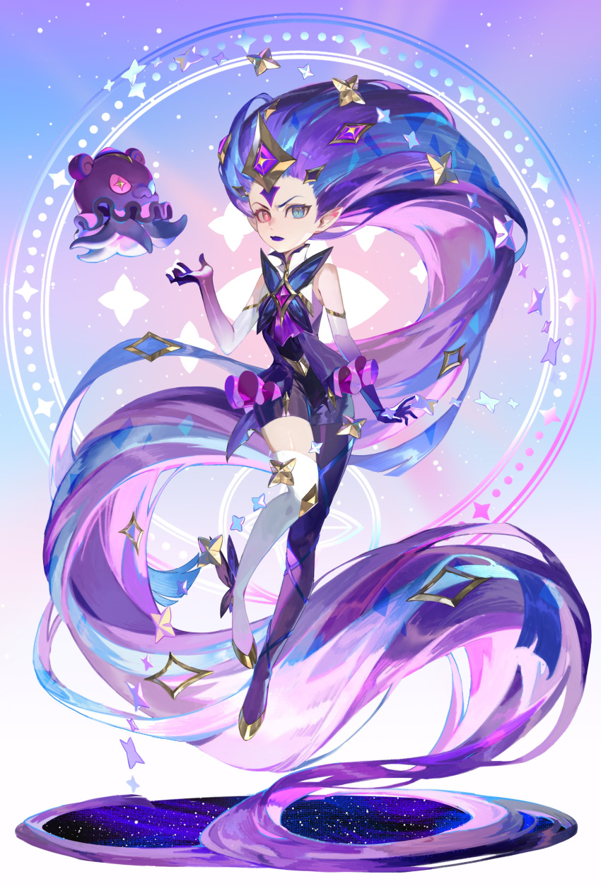 1girl absurdly_long_hair absurdres artist_request ballet_slippers black_gloves black_pantyhose blue_eyes blue_hair brooch closed_mouth elbow_gloves flat_chest gem gloves hair_ornament heterochromia highres jewelry league_of_legends leg_ribbon long_hair looking_at_viewer makeup multicolored_hair official_art pantyhose pink_eyes pointy_ears portal_(object) purple_hair purple_lips purple_skirt ribbon serious single_leg_pantyhose single_thighhigh skirt sleeveless solo standing star-shaped_pupils star_(symbol) star_guardian_(league_of_legends) star_guardian_pet star_guardian_zoe star_hair_ornament streaked_hair symbol-shaped_pupils thighhighs v-shaped_eyebrows very_long_hair white_gloves white_thighhighs zoe_(league_of_legends)