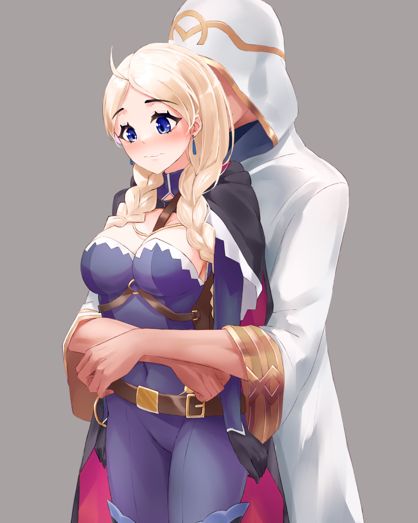 1boy 1girl absurdres ahoge black_gloves blue_bodysuit blue_eyes blush bodysuit braid breasts cape chain chest_harness cleavage closed_mouth commission commissioner_upload couple covered_navel crystal_earrings earrings faceless faceless_male fire_emblem fire_emblem_fates fire_emblem_heroes gloves gold_chain harness hetero highres hood hooded_cape hug hug_from_behind jewelry kiran_(fire_emblem) kiran_(male)_(fire_emblem) leather_belt long_hair low_twin_braids medium_breasts mi_nyawn3 nina_(fire_emblem) nina_(thief)_(fire_emblem) non-web_source o-ring official_alternate_costume parted_bangs skin_tight turtleneck twin_braids two-tone_cape white_hair