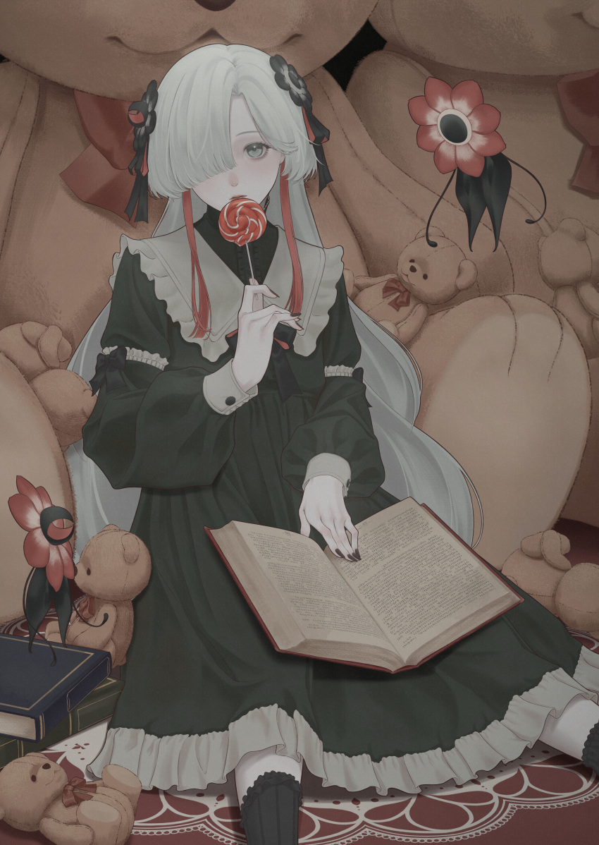 1girl absurdres black_dress black_flower black_nails black_socks book candy collared_dress creature dress expressionless familiar feet_out_of_frame flower food frilled_socks frills grey_eyes hair_flower hair_ornament hair_over_one_eye highres holding holding_candy holding_food holding_lollipop isekai_joucho kamitsubaki_studio lollipop long_hair long_sleeves looking_at_viewer multicolored_hair nail_polish oversized_object red_hair sitting socks solo stuffed_animal stuffed_toy swirl_lollipop teddy_bear two-tone_hair virtual_youtuber white_hair zudxpnz