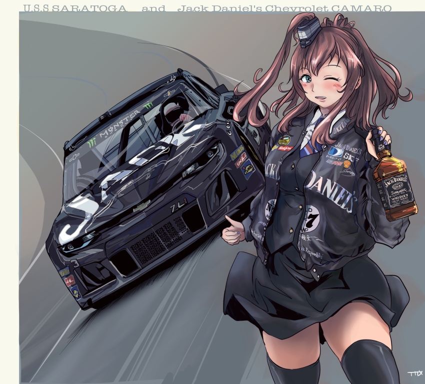 1boy 1girl alcohol austin_dillon black_headwear black_jacket black_skirt black_thighhighs black_vest blue_nails blue_necktie blush bottle breasts brown_hair car character_name chevrolet chevrolet_camaro collared_shirt commentary_request commission driving hat helmet highres holding holding_bottle jack_daniel's jacket kantai_collection long_hair medium_breasts mini_hat monster_energy motor_vehicle muscle_car nascar necktie one_eye_closed one_side_up race_vehicle racecar racetrack real_life saratoga_(kancolle) shirt skeb_commission skirt solo_focus thighhighs thrux thumbs_up vehicle_focus vehicle_name vest whiskey white_shirt