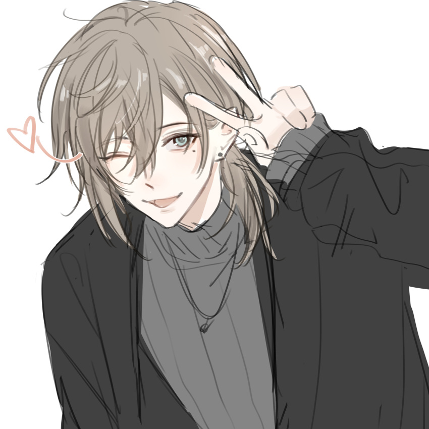 1boy absurdres black_jacket brown_hair grey_eyes grey_sweater heart highres jacket jewelry kanae_(nijisanji) long_sleeves male_focus mole mole_under_eye necklace nijisanji one_eye_closed open_mouth sketch smile solo sweater turtleneck turtleneck_sweater v virtual_youtuber white_background yuhan0518