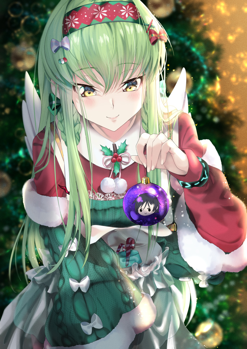 1girl absurdres angel_wings arknights bauble blurry blurry_background bow braid budgiepon c.c. capelet christmas christmas_tree code_geass commentary cosplay cowboy_shot fake_wings fingernails fur-trimmed_capelet fur-trimmed_sleeves fur_trim goldenglow_(arknights) goldenglow_(arknights)_(cosplay) goldenglow_(night_loving_servant)_(arknights) goldenglow_(night_loving_servant)_(arknights)_(cosplay) green_hair hair_bow highres holding light_particles long_hair looking_at_object mistletoe pom_pom_(clothes) red_bow santa_capelet sidelocks solo standing straight-on straight_hair very_long_hair white_bow wide_sleeves wings