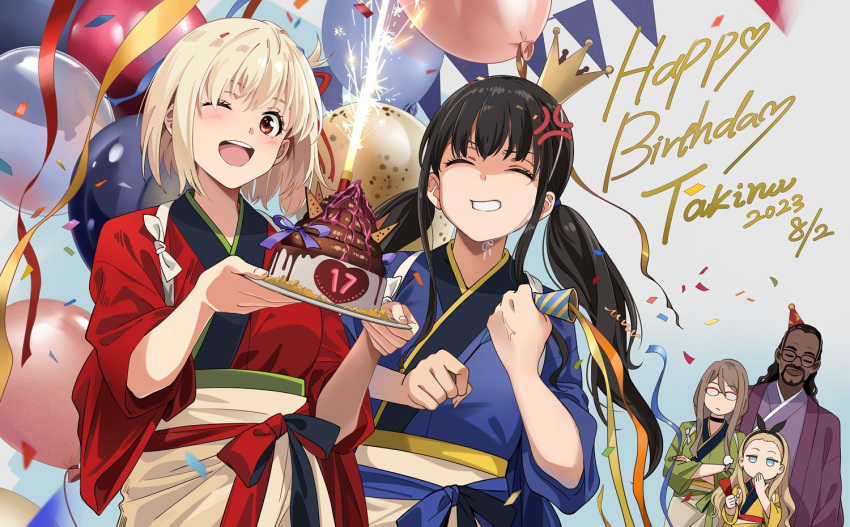 1boy 4girls ;d anger_vein annoyed balloon birthday_cake black_hair blonde_hair blue_eyes blue_kimono blush breasts brown_hair cake character_age character_name clenched_teeth closed_eyes closed_mouth commentary covering_mouth crown dated english_commentary food glasses green_kimono hair_ribbon happy_birthday hat holding holding_plate inoue_takina japanese_clothes jitome kimono kurumi_(lycoris_recoil) light_brown_hair long_hair looking_at_viewer low_twintails lycoris_recoil medium_breasts mika_(lycoris_recoil) mini_crown mixed-language_commentary multiple_girls nakahara_mizuki neko_(yanshoujie) nishikigi_chisato obi official_alternate_costume one_eye_closed one_side_up opaque_glasses over-rim_eyewear party_hat plate purple_kimono red_eyes red_kimono red_ribbon ribbon sash semi-rimless_eyewear short_hair sidelocks smile teeth twintails upper_body wings yellow_kimono