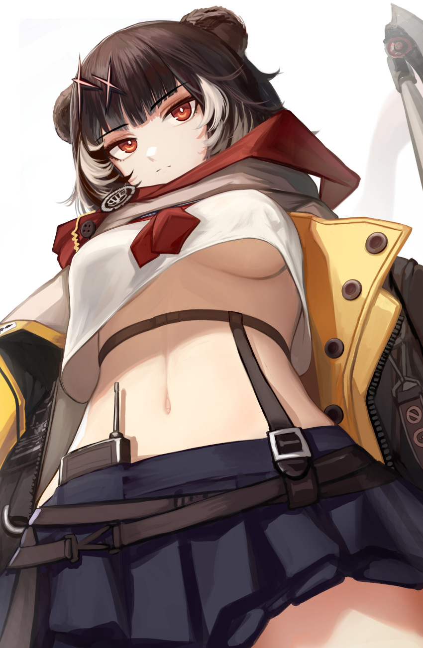 1girl absurdres animal_ears arknights bear_ears belt black_belt black_hair blue_skirt breasts commentary_request cowboy_shot crop_top highres leto_(arknights) midriff miniskirt navel nopetroto pleated_skirt red_eyes red_scarf scarf shirt short_hair skirt solo standing stomach thighs underboob white_shirt