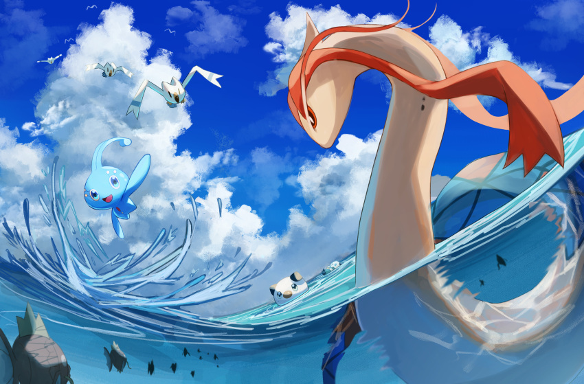 :d absurdres ame_akira bird cloud commentary_request day highres magikarp manaphy milotic no_humans ocean open_mouth oshawott outdoors partially_underwater_shot pokemon pokemon_(creature) sky smile tongue water wingull
