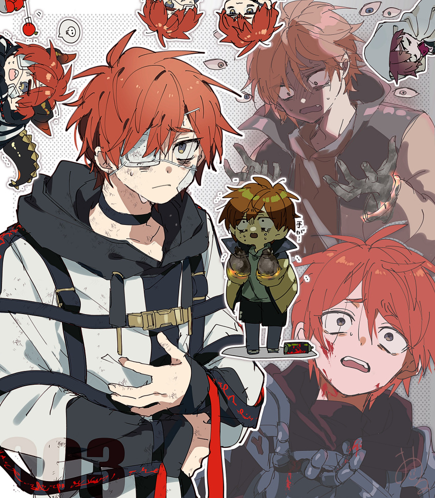 1boy absurdres alternate_costume armor bandaid bandaid_on_cheek bandaid_on_face black_hoodie blood blood_on_face brown_eyes chibi eyepatch grey_shirt highres hood hood_down hoodie jacket kajiyama_fuuta kao_ru05 looking_at_viewer male_focus milgram open_mouth orange_jacket red_hair shirt short_hair solo straitjacket teeth white_jacket