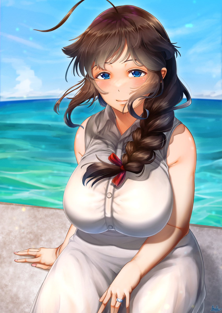 1girl absurdres aged_up ahoge alternate_costume beach black_hair blue_eyes blush braid breasts closed_mouth dress highres huge_breasts jewelry kantai_collection looking_at_viewer outdoors ring shigure_(kancolle) sitting sleeveless sleeveless_dress smile solo tsui_(kojiya) wedding_ring white_dress wide_hips
