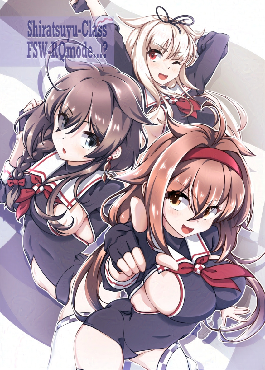 3girls 547th_sy adapted_costume ahoge black_gloves black_hair black_leotard blonde_hair blue_eyes braid breasts brown_hair clothing_cutout cosplay cowboy_shot fingerless_gloves gloves hair_flaps hair_over_shoulder hair_ribbon hairband highres kantai_collection leotard long_hair looking_at_viewer matching_outfits medium_breasts multiple_girls murasame_(kancolle) murasame_(kancolle)_(cosplay) murasame_kai_ni_(kancolle) murasame_kai_ni_(kancolle)_(cosplay) navel_cutout neckerchief one_eye_closed pointing race_queen red_eyes red_hairband red_neckerchief ribbon sailor_collar shigure_(kancolle) shigure_kai_san_(kancolle) shiratsuyu_(kancolle) shiratsuyu_kai_ni_(kancolle) single_braid white_sailor_collar yuudachi_(kancolle) yuudachi_kai_ni_(kancolle)
