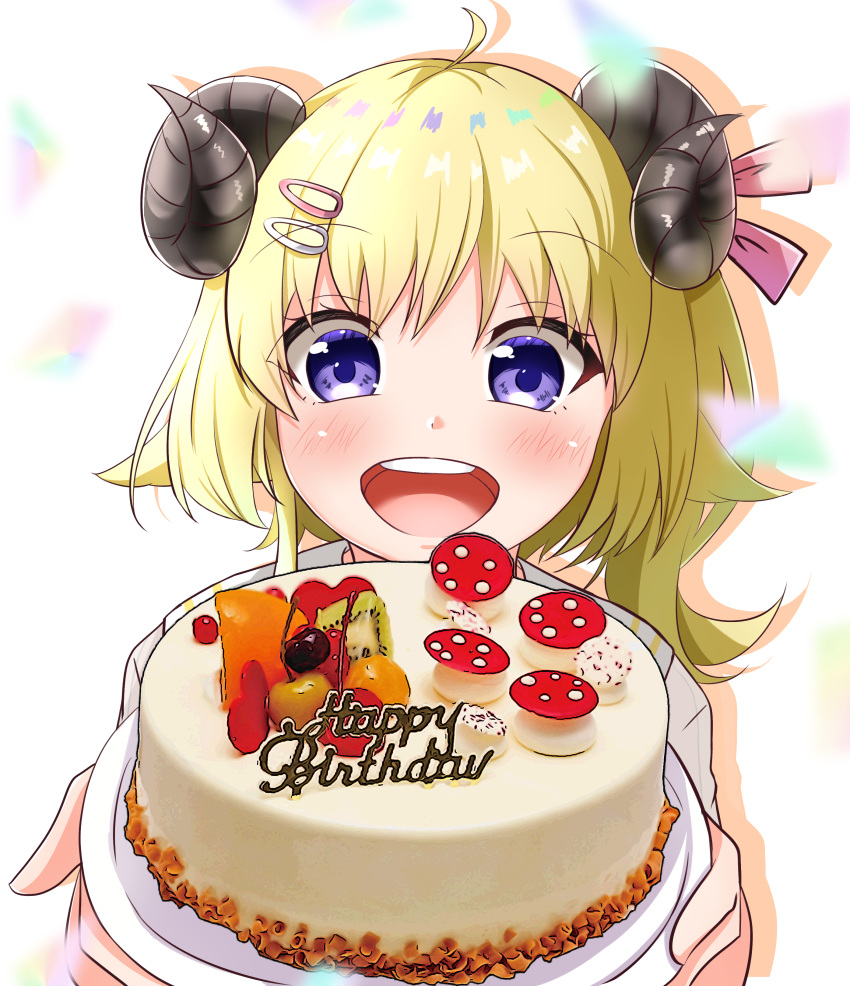 1girl absurdres ahoge animal_ears blonde_hair blush cake food hair_ornament hairpin happy_birthday highres holding holding_cake holding_food hololive horns medium_hair open_mouth ponytail purple_eyes sheep_ears sheep_girl sheep_horns smile solo suzuka_(suzukawu) teeth tsunomaki_watame tsunomaki_watame_(3rd_costume) upper_teeth_only virtual_youtuber