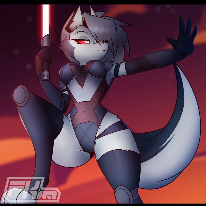 2023 anthro breasts canid canid_demon clothing demon digitigrade eyelashes female fkimnsfw fur gloves grey_body grey_fur hair handwear hellhound helluva_boss hi_res knee_pads leotard lightsaber loona_(helluva_boss) mammal melee_weapon navel_outline red_lightsaber red_sclera shoulder_tuft silver_hair sith solo star_wars toeless_legwear tuft weapon white_body white_fur