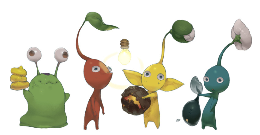 animal blue_pikmin blue_skin blush_stickers bomb_rock brown_eyes bud colored_skin commentary_request digimon digimon_(creature) flower flying_sweatdrops green_skin holding holding_animal holding_rock koki_(ryoushikiha) leaf light_bulb lineup no_humans numemon pikmin_(creature) pikmin_(series) pointy_ears pointy_nose poop red_pikmin red_skin tadpole triangle_mouth white_background white_flower yellow_pikmin yellow_skin