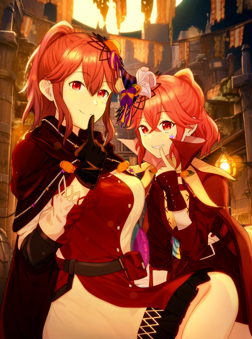 2girls absurdres anna_(fire_emblem) belt black_cape black_gloves brown_belt buttons cape closed_mouth commentary_request dress finger_to_mouth fire_emblem fire_emblem_awakening fire_emblem_engage fire_emblem_heroes gloves grin hair_between_eyes hair_ornament halloween halloween_costume high_collar highres index_finger_raised long_hair long_sleeves looking_at_viewer multiple_girls official_alternate_costume ponytail red_cape red_dress red_eyes red_hair s_n_reon siblings sisters sitting smile star_(symbol) teeth two-tone_dress white_dress