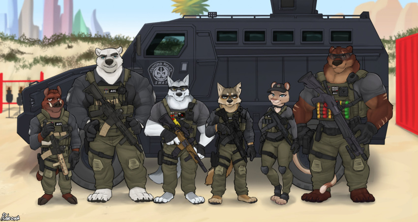 anthro ar-15 armored_vehicle assault_rifle bear benelli_m4 brown_bear bulletproof_vest canid canine canis canis_wulfen cougar dane_wolfrich_(grizzlygus) dimitri_borlov_(grizzlygus) disney felid feline female grizzly_bear grizzlygus group gun gus_(grizzlygus) holstered_pistol kodiak_bear law_enforcement male mammal mp7 olaf_andersen_(grizzlygus) operator polar_bear police psakorn_tnoi ranged_weapon rifle scar shell_(projectile) shooting_range shotgun shotgun_shell size_difference special_forces suid suina sus_(pig) swat tactical tactical_gear tail_around_partner ursine valerie_(grizzlygus) weapon wild_boar wolf zootopia