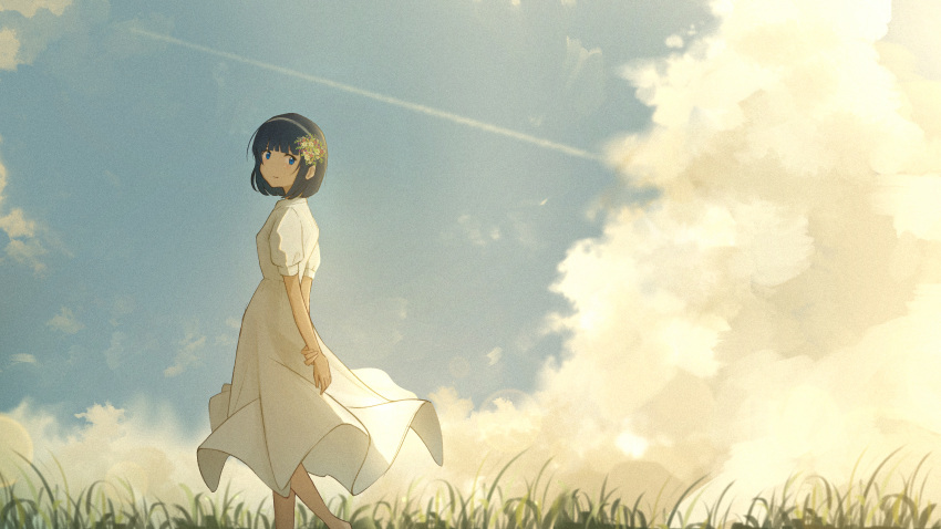 1girl absurdres arms_behind_back black_hair blue_eyes blue_sky blunt_bangs blush bob_cut closed_mouth cloud cloudy_sky contrail day dress feet_out_of_frame flower from_side grass hair_flower hair_ornament hairband highres holding_own_wrist long_bangs long_dress looking_at_viewer oka_kojiro original outdoors pleated_dress scenery short_hair sky smile solo sundress white_dress white_hairband