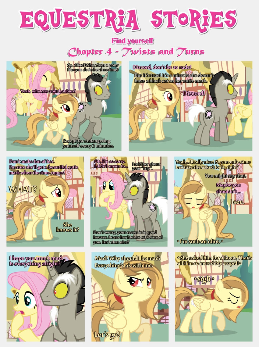 absurd_res alice_goldenfeather_(estories) angry black_border border building cutie_mark discord_(mlp) ears_up equid equine estories eyes_closed fake_cutie_mark female feral fluttershy_(mlp) flying folded_wings friendship_is_magic frown glancing_back group hasbro hi_res hoof_over_mouth horn male mammal my_little_pony open_mouth pegasus plant ponyville shrub smile spread_wings trio unicorn walking wings